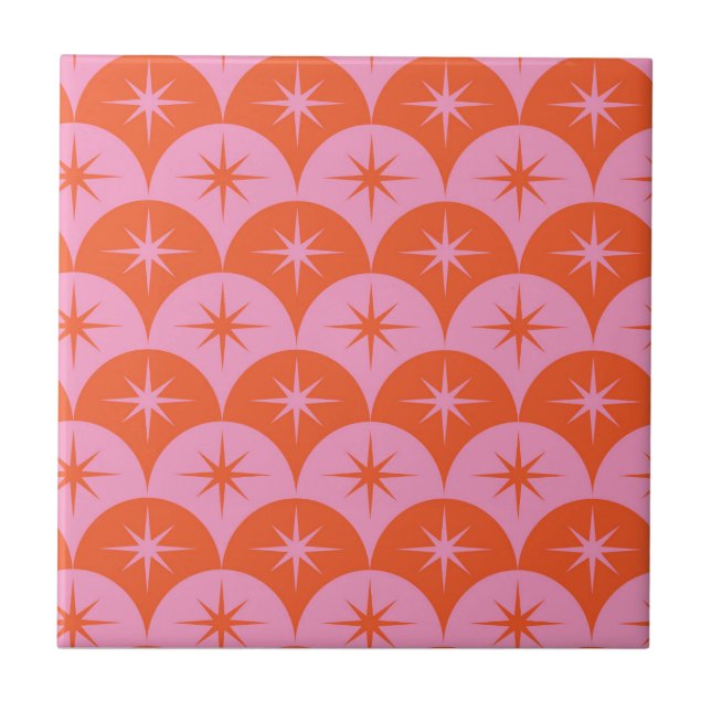 Mid Century Starbursts on Pink and Orange Scallops Tile (Front)