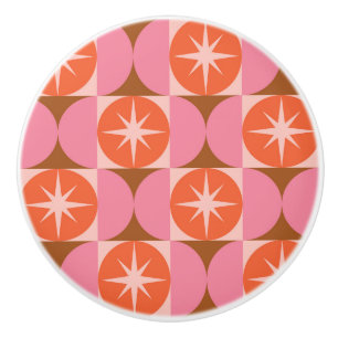 Mid Century Starbursts on Pink Orange Circles Ceramic Knob
