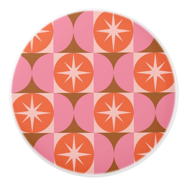 Mid Century Starbursts on Pink Orange Circles Ceramic Knob (Front)