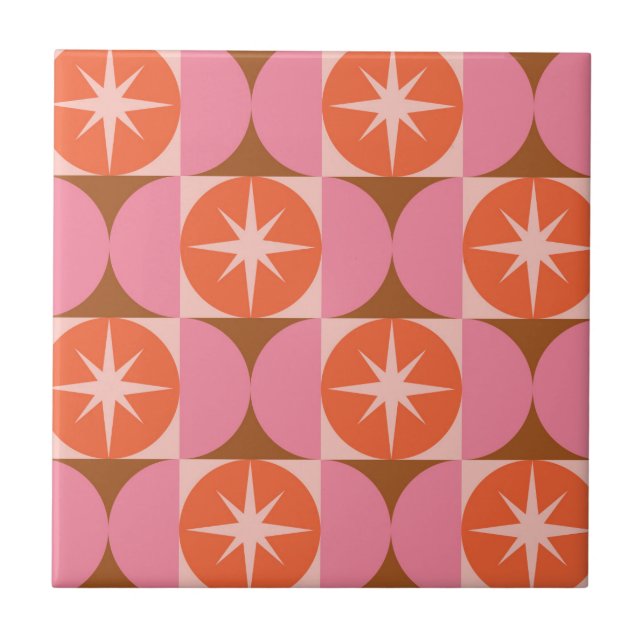 Mid Century Starbursts on Pink Orange Circles Tile (Front)