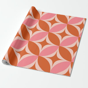Mid Century Starbursts on Pink Orange Circles  Wrapping Paper