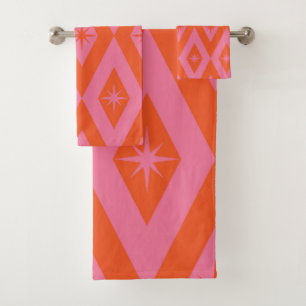 Mid Century Starbursts on Pink Orange Diamonds  Bath Towel Set