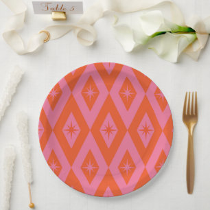 Mid Century Starbursts on Pink Orange Diamonds  Paper Plate