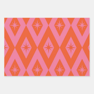 Mid Century Starbursts on Pink Orange Diamonds  Wrapping Paper Sheet