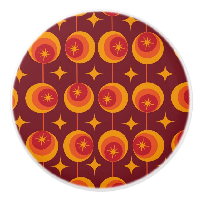 Mid Century Starbursts Pattern on Retro Circles Ceramic Knob (Front)