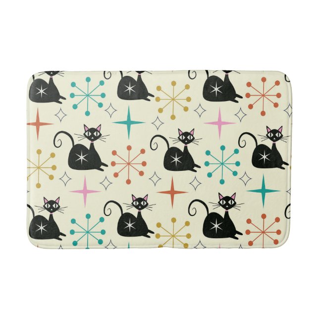 Mid Century Starbursts with Black Atomic Cat  Bath Mat (Front)