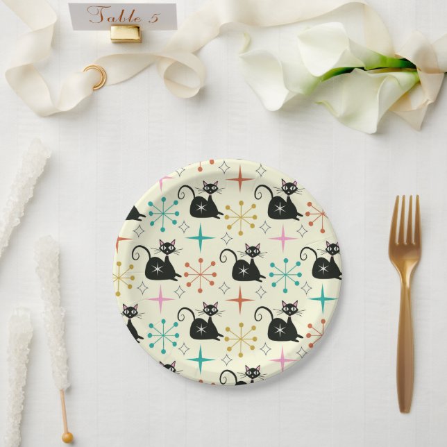 Mid Century Starbursts with Black Atomic Cat  Paper Plate (Wedding)