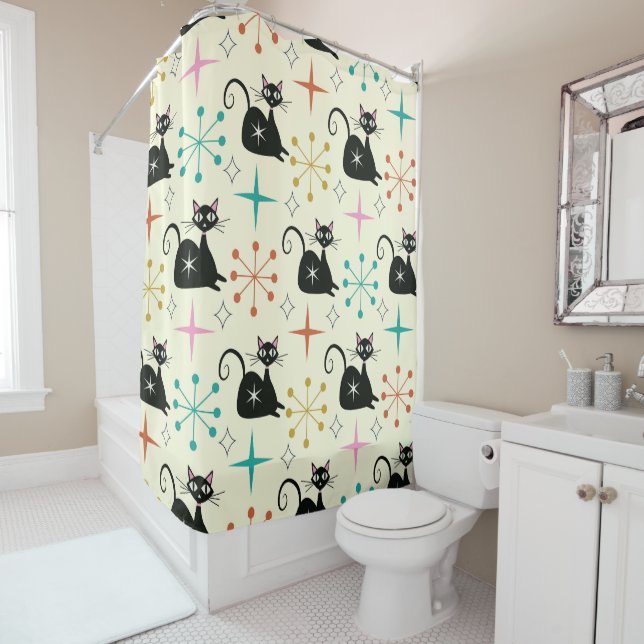 Mid Century Starbursts with Black Atomic Cat  Shower Curtain (In Situ)