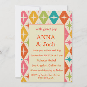 Mid Century stars on Harlequin Diamonds Wedding  Invitation