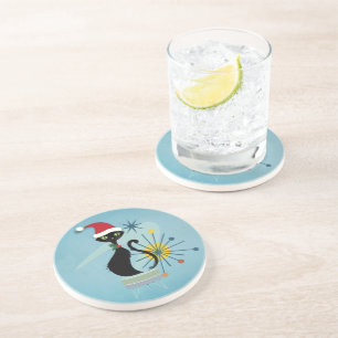 Mid Century Style Christmas Cat Sandstone Coaster