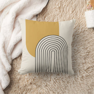Mid Century style line art with mustard colour arc Cushion