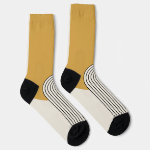 Mid Century style line art with mustard colour arc Socks