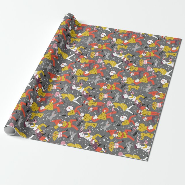 Mid Century Style Marching Band on Grey Wrapping Paper (Unrolled)