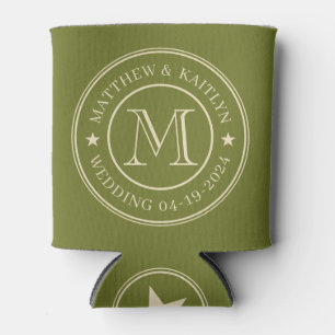 Mid-Century Sweet Olive Wedding Monogram Star Can Cooler