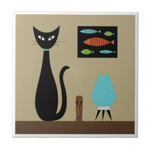 Mid Century Tabletop Cat with Retro Fish Tile