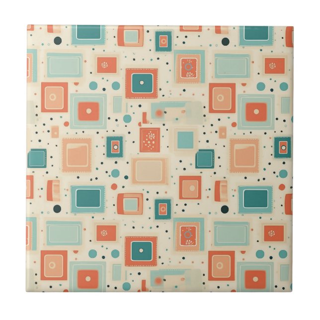 Mid Century Teal Blue Orange Abstract Square Tile (Front)