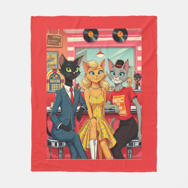 Mid Century Teenage Cats in a Diner Fleece Blanket (Front)