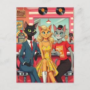 Mid Century Teenage Cats in a Diner Postcard
