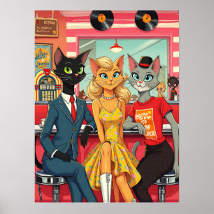 Mid Century Teenage Cats in a Diner Poster