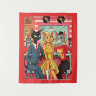 Mid Century Teenage Cats in a Diner Tapestry