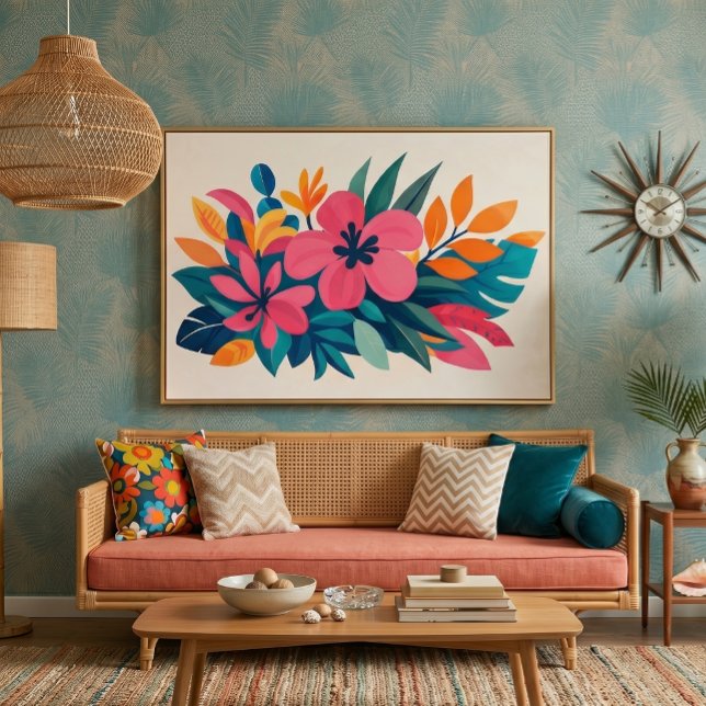 Mid century tropical beachy art canvas print (retro beachy boho floral)