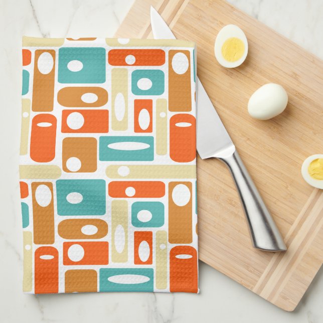 Mid-century Turquoise Orange Rectangles Pattern Tea Towel (Quarter Fold)