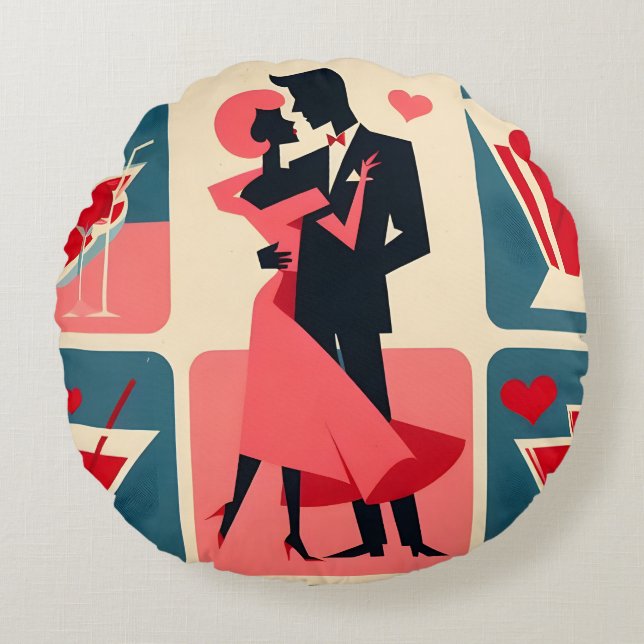 Mid Century Valentine Dancing Couple Round Cushion (Front)