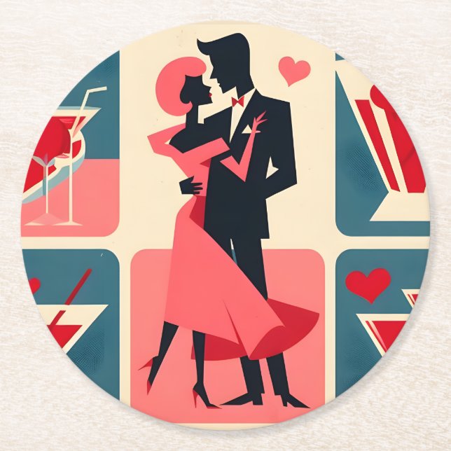 Mid Century Valentine Dancing Couple Round Paper Coaster (Front)
