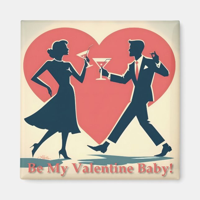Mid Century Valentine Hip Martini Dancing Couple Magnet (Front)