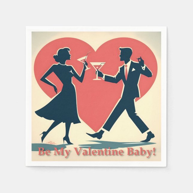 Mid Century Valentine Hip Martini Dancing Couple Napkin (Front)