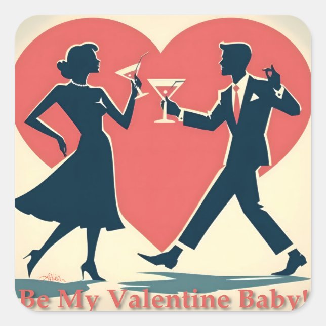 Mid Century Valentine Hip Martini Dancing Couple Square Sticker (Front)