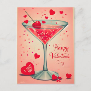 Mid Century Valentine Martini cocktail Holiday Postcard