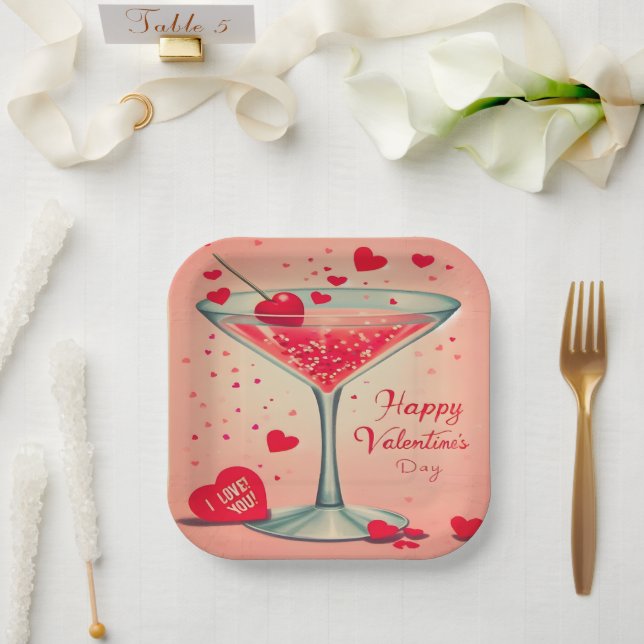 Mid Century Valentine Martini cocktail Paper Plate (Wedding)