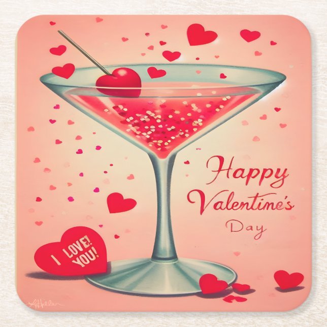 Mid Century Valentine Martini cocktail Square Paper Coaster (Front)