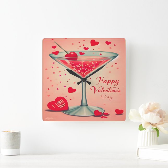 Mid Century Valentine Martini cocktail Square Wall Clock (Home)