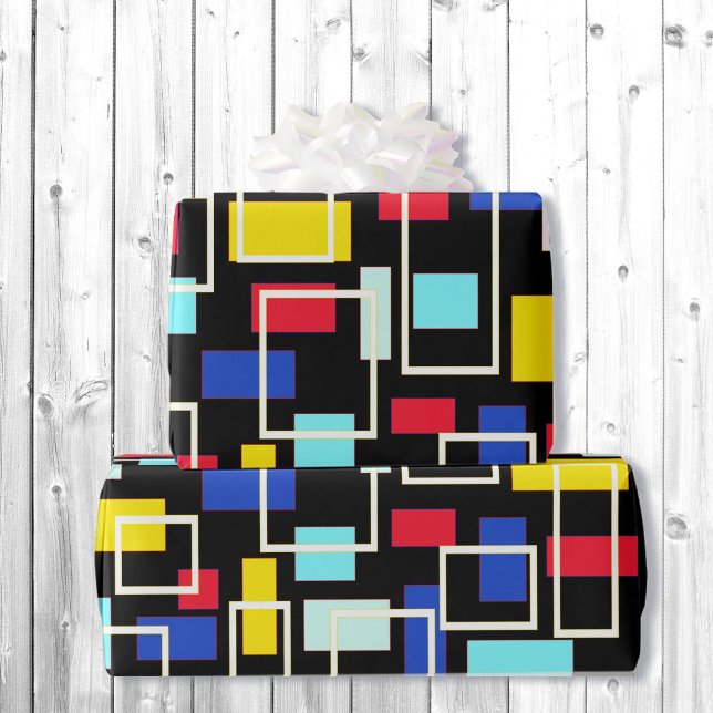 Mid Century Vibe Retro Black Red Blue Colour Block Wrapping Paper (Creator Uploaded)