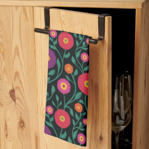 Mid-Century Vine Flower Garden Garland Midnight Tea Towel
