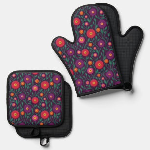 Mid-Century Vine Flower Garden Garland Plum Oven Mitt & Pot Holder Set