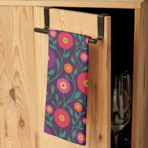 Mid-Century Vine Flower Garden Garland Plum Tea Towel