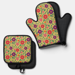 Mid-Century Vine Flower Garden Garland Yellow Oven Mitt & Pot Holder Set