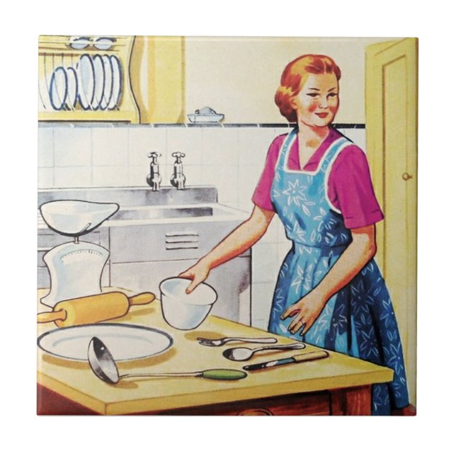 Mid Century Vintage Housewife in Kitchen Baking Tile (Front)
