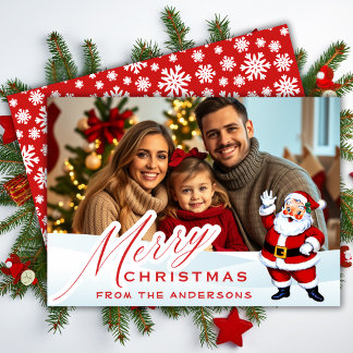 Mid Century Vintage Santa In Snow Christmas Photo Holiday Card