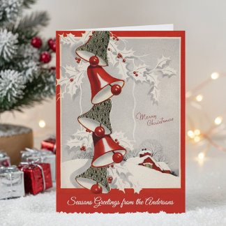 Mid-Century Vintage Snowcapped Christmas Bells Holiday Card