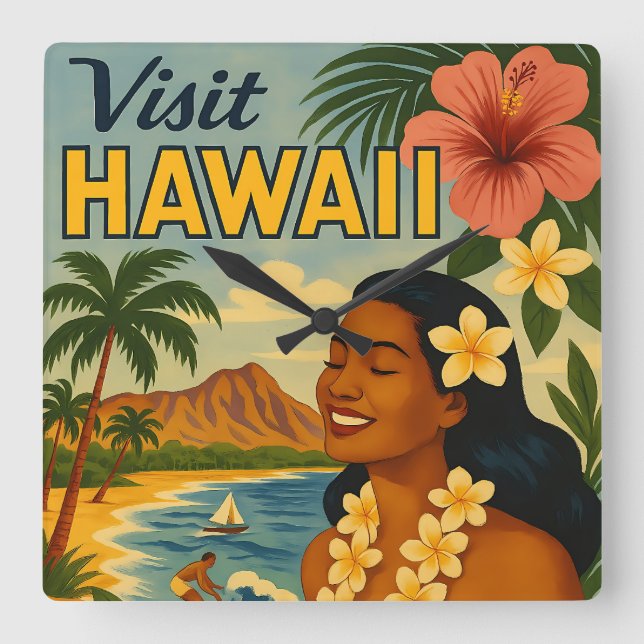 Mid Century Visit Hawaii Tourism Art Square Wall Clock (Front)