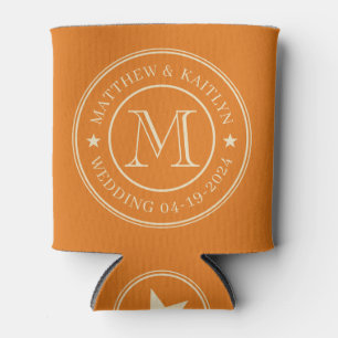 Mid-Century Warm Citrus Wedding Monogram Star Can Cooler