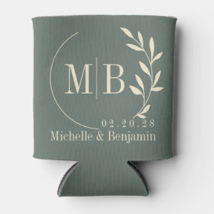 Mid-Century Warm Grey Leaf Wedding Monogram Can Cooler