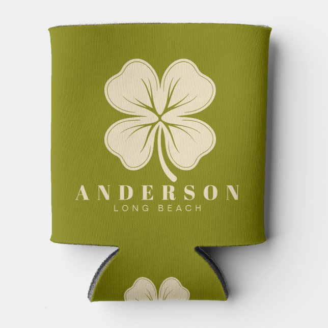 Mid-Century Warm Olive Four Leaf Clover with Name Can Cooler (Front)