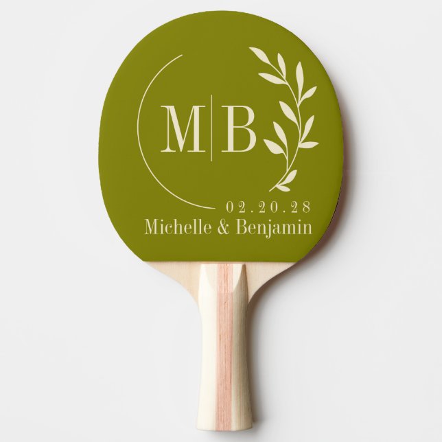 Mid-Century Warm Olive Leaf Wedding Monogram Ping Pong Paddle (Front)
