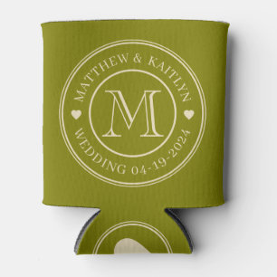 Mid-Century Warm Olive Wedding Monogram Heart Can Cooler