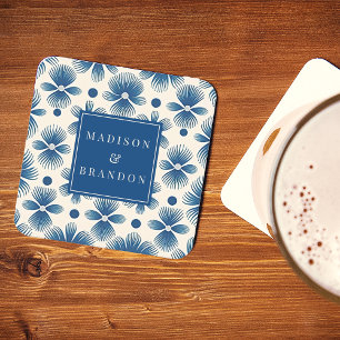 Mid-Century Wedding Flowers   Full Print with Name Square Paper Coaster